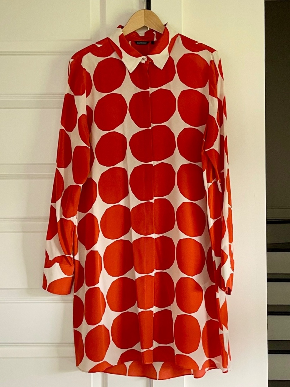 Marimekko Orange & White Dot Graphic Collared 100% Silk Dress ~ Size 44 (L/XL)